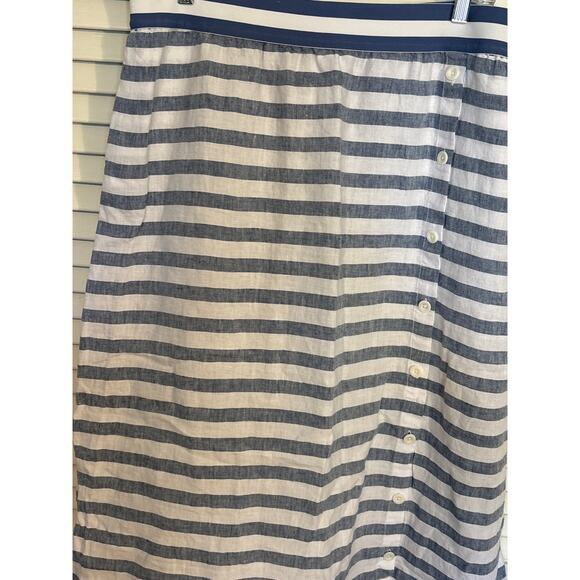 J. Jill Women's Large Love Linen Maxi Skirt Blue Striped Side Button Pockets - Picture 2 of 6